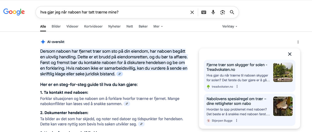 treadvokaten-eksempel-ai Eksempel på Google-søk: "hva gjør jeg når naboen har tatt trærne mine"